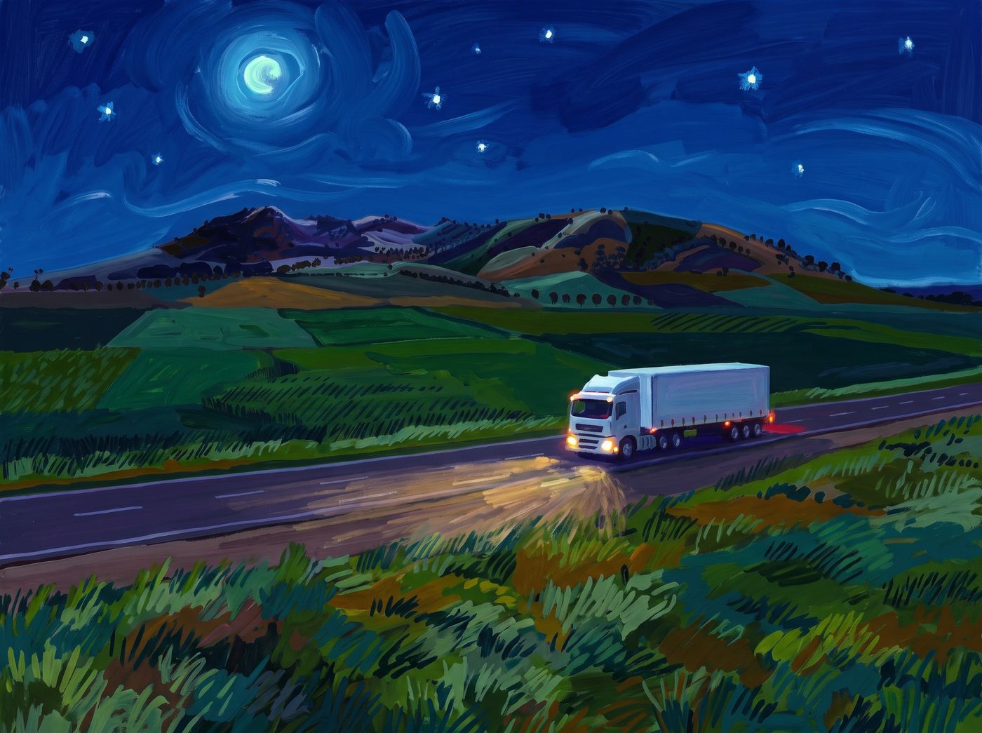 Painted Victorian countryside at night, a white truck with headlights on driving a highway under a crescent moon
